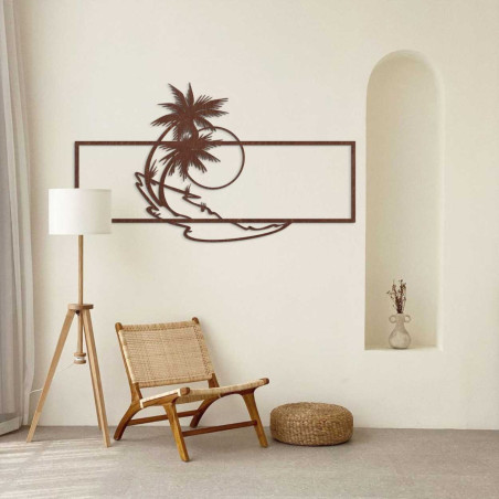 Elegant wooden decoration depicting a beach with a setting sun. Elegant wooden decoration depicting a beach with a setting sun.