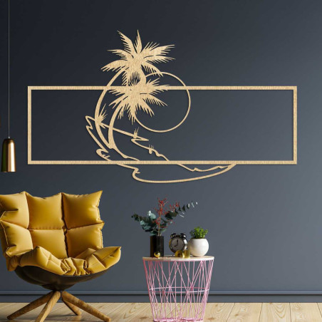 Carved image with a palm tree and sea horizon. Carved image with a palm tree and sea horizon.