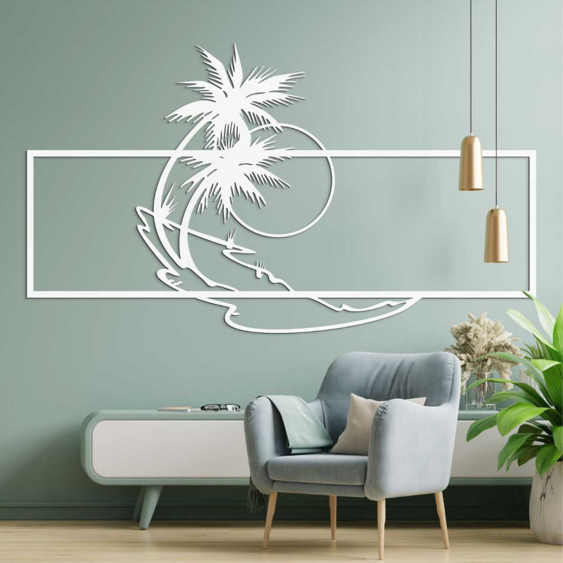 Tropical scene with two palm trees and the soft lines of the ocean.