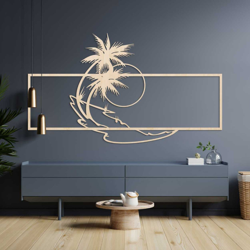 Tropical scene with two palm trees and the soft lines of the ocean.