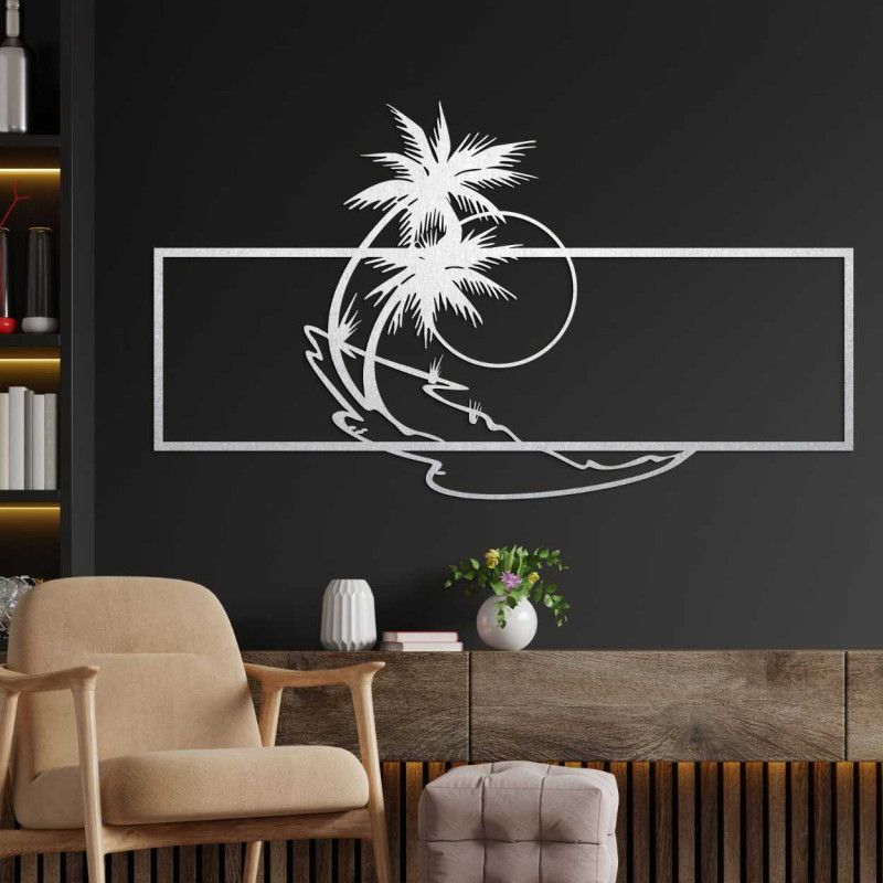Tropical scene with two palm trees and the soft lines of the ocean.
