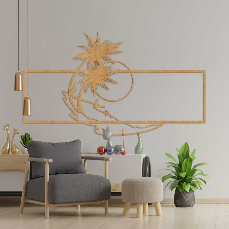 A beach motif carved from wood in a clean, geometric style.