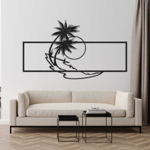 Modern wooden cutout of an island with palm trees and a circle as a symbol of the sun.