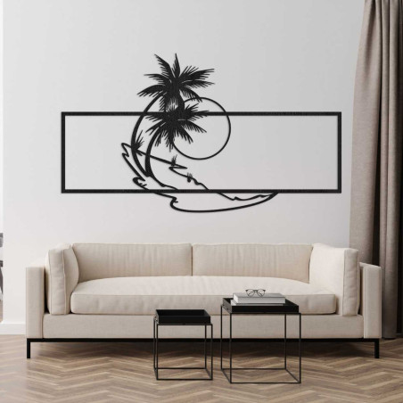 Modern wooden cutout of an island with palm trees and a circle as a symbol of the sun.