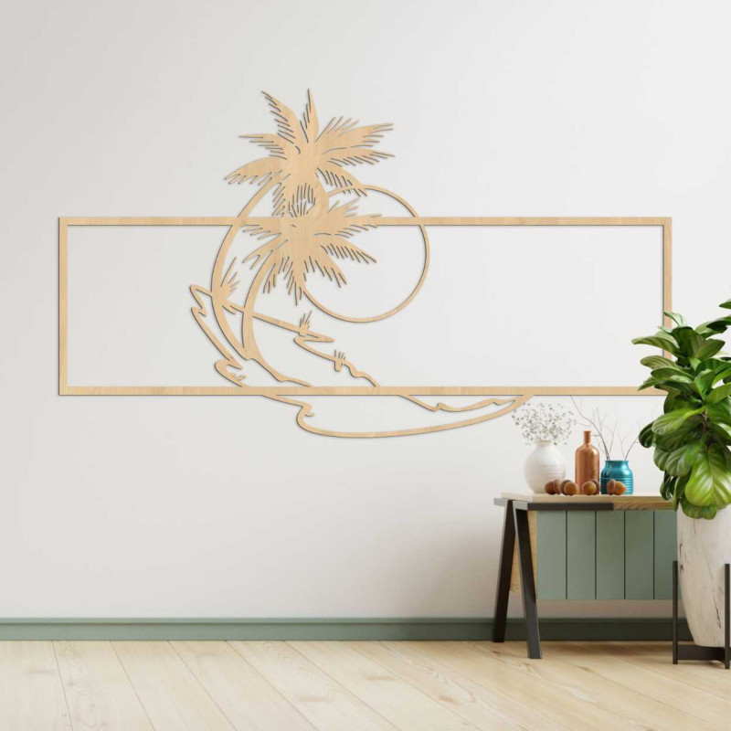 Wooden wall painting with a tropical island and palm trees motif.