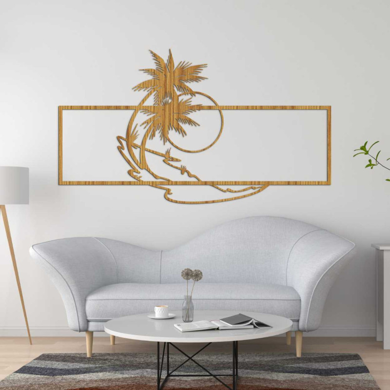 Carved image with a palm tree and sea horizon.