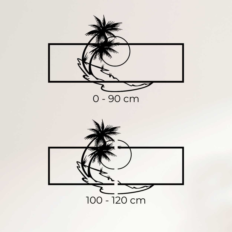 Carved image with a palm tree and sea horizon.