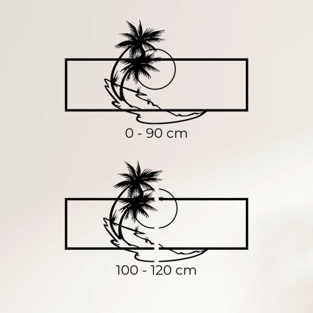 Carved image with a palm tree and sea horizon.