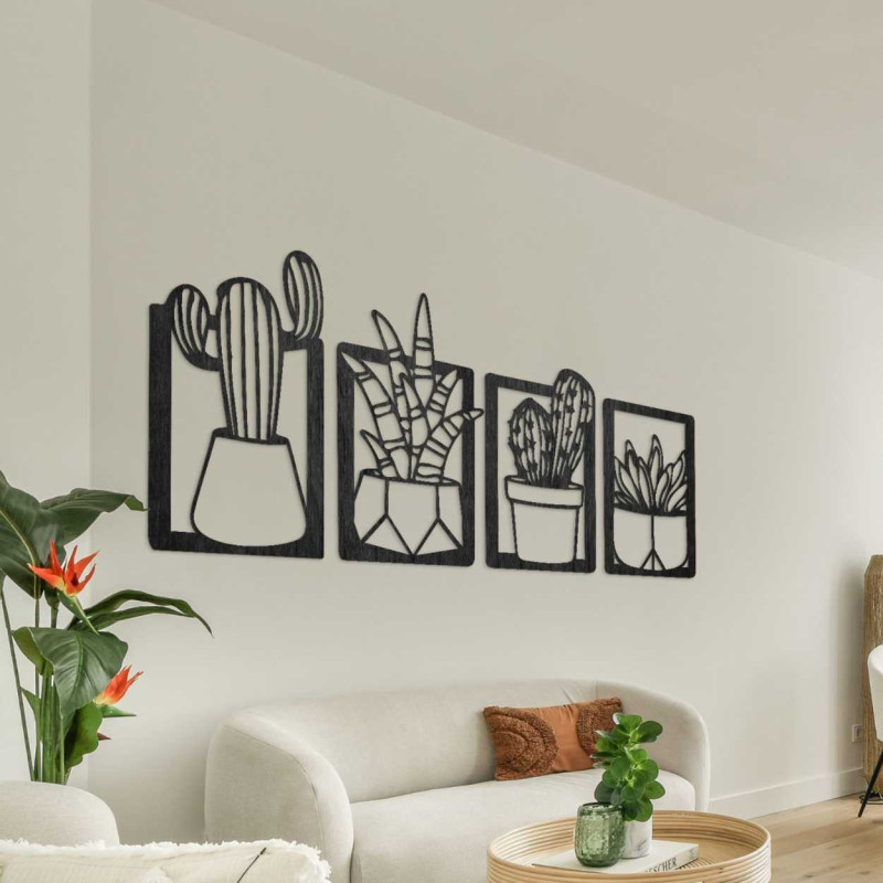 Wooden wall decoration with four motifs of succulents and cacti in pots