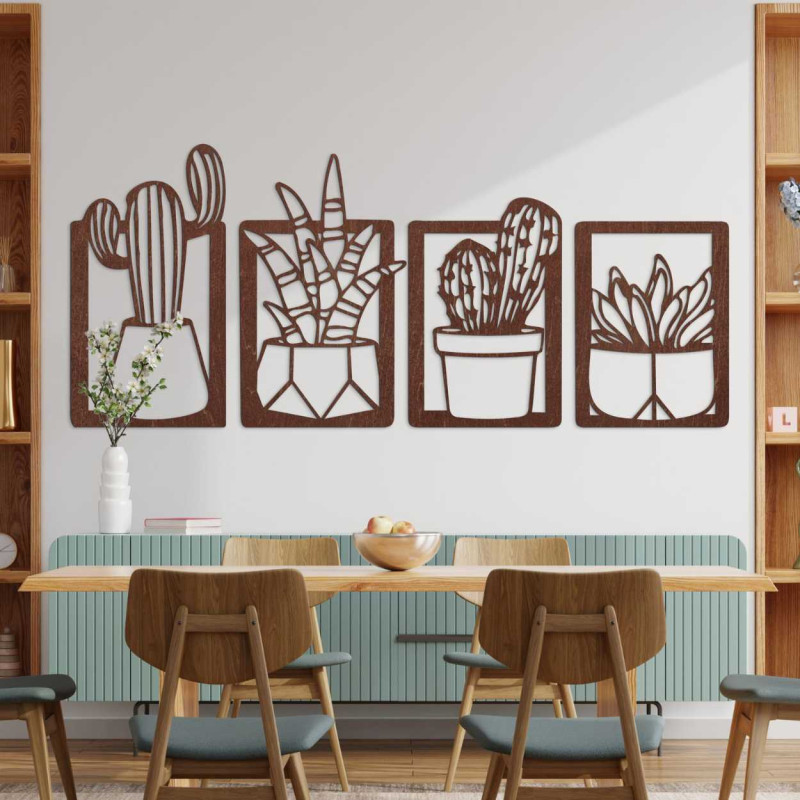Wooden wall decoration with four motifs of succulents and cacti in pots