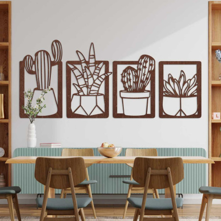 Four wooden decorative panels with a plant motif in a minimalist style
