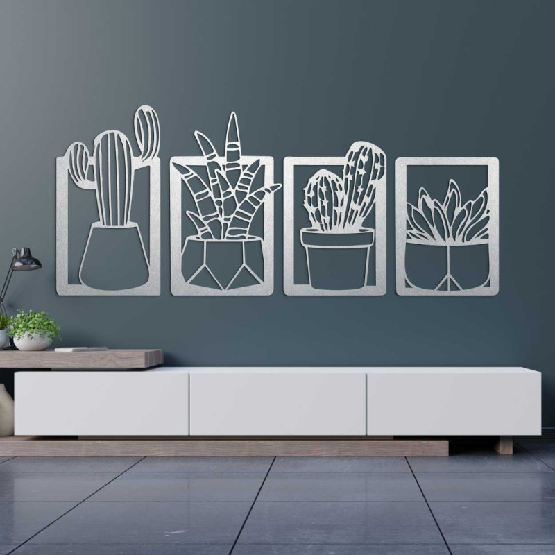 Wooden wall decoration with four motifs of succulents and cacti in pots