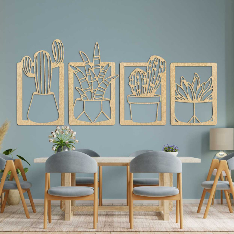 Wooden wall decoration with four motifs of succulents and cacti in pots