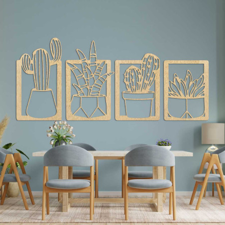 Wooden wall decoration with a motif of natural plants and flower pots