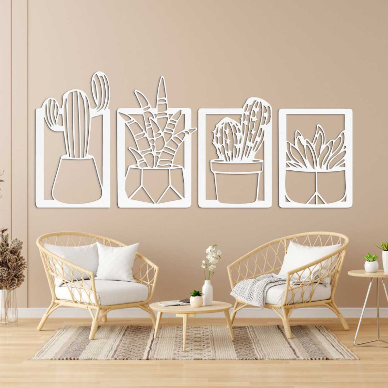 Wooden wall decoration with four motifs of succulents and cacti in pots