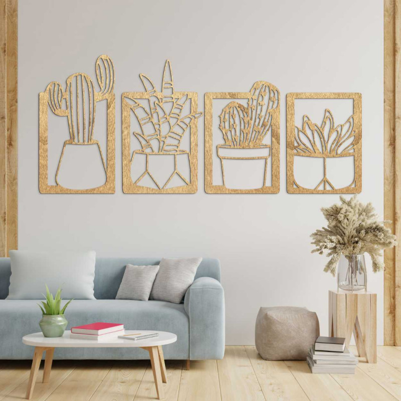 Wooden wall decoration with four motifs of succulents and cacti in pots
