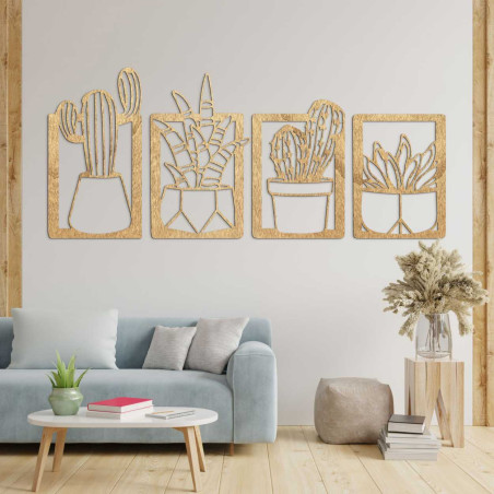 Stylish natural wood painting with a pattern of succulents and cacti