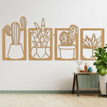 Wooden wall decoration with four motifs of succulents and cacti in pots Wooden wall decoration with four motifs of succulents and cacti in pots