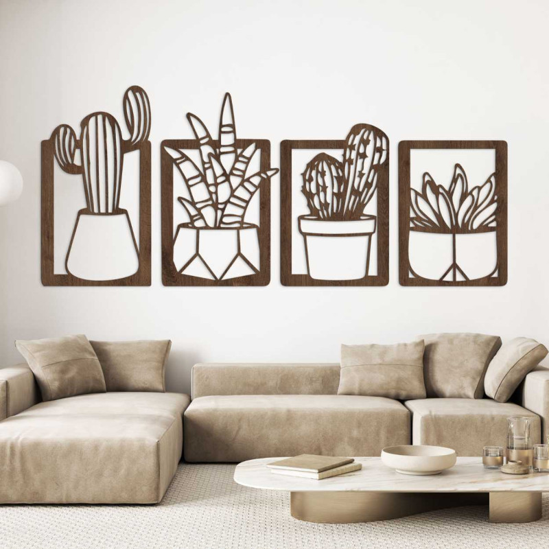 Wooden wall decoration with four motifs of succulents and cacti in pots