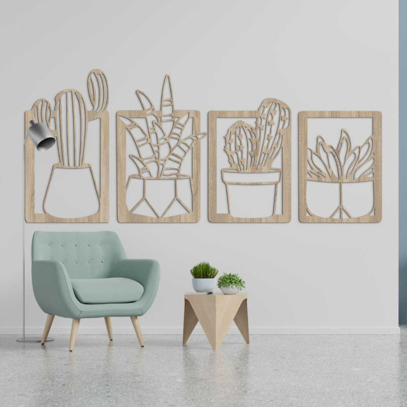 Wooden wall decoration with four motifs of succulents and cacti in pots