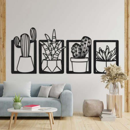 Designer wooden set of paintings with cacti in geometric flower pots Designer wooden set of paintings with cacti in geometric flower pots