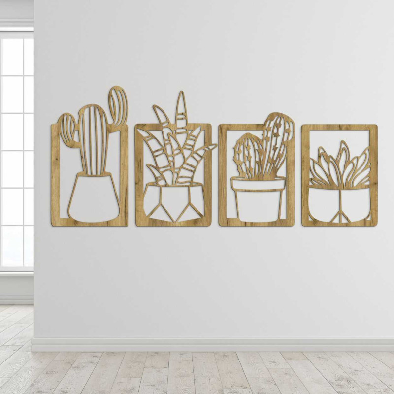 Wooden wall decoration with four motifs of succulents and cacti in pots