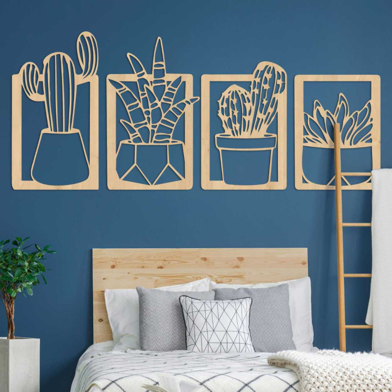 Wooden wall decoration with four motifs of succulents and cacti in pots