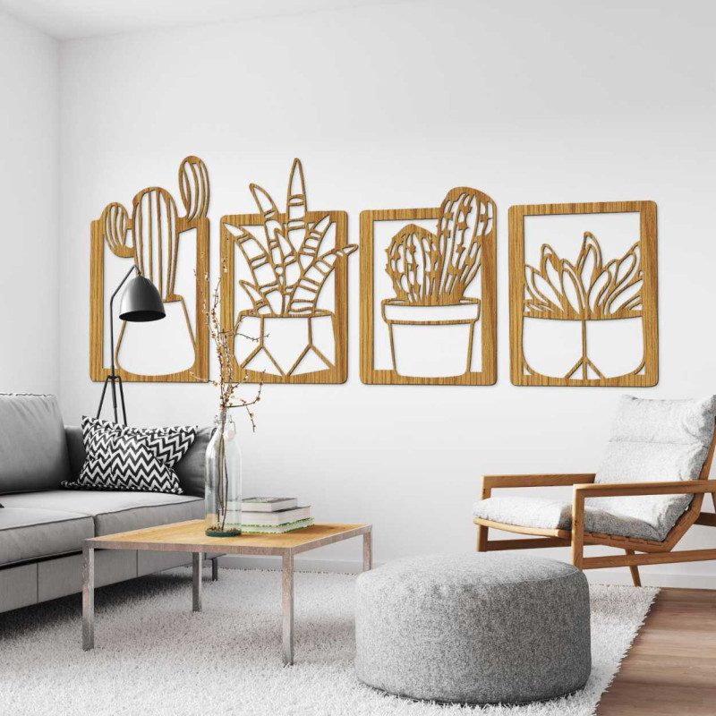 Wooden wall decoration with four motifs of succulents and cacti in pots