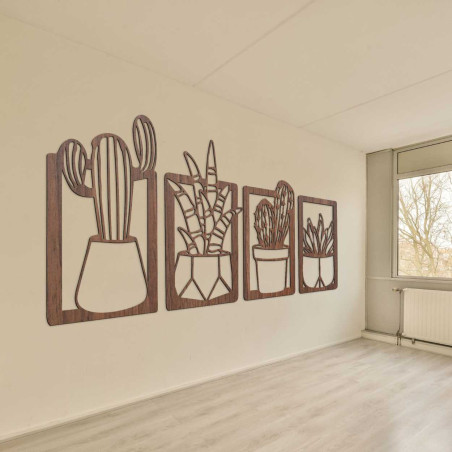 Rustic wooden decoration with subtle houseplant motifs Rustic wooden decoration with subtle houseplant motifs