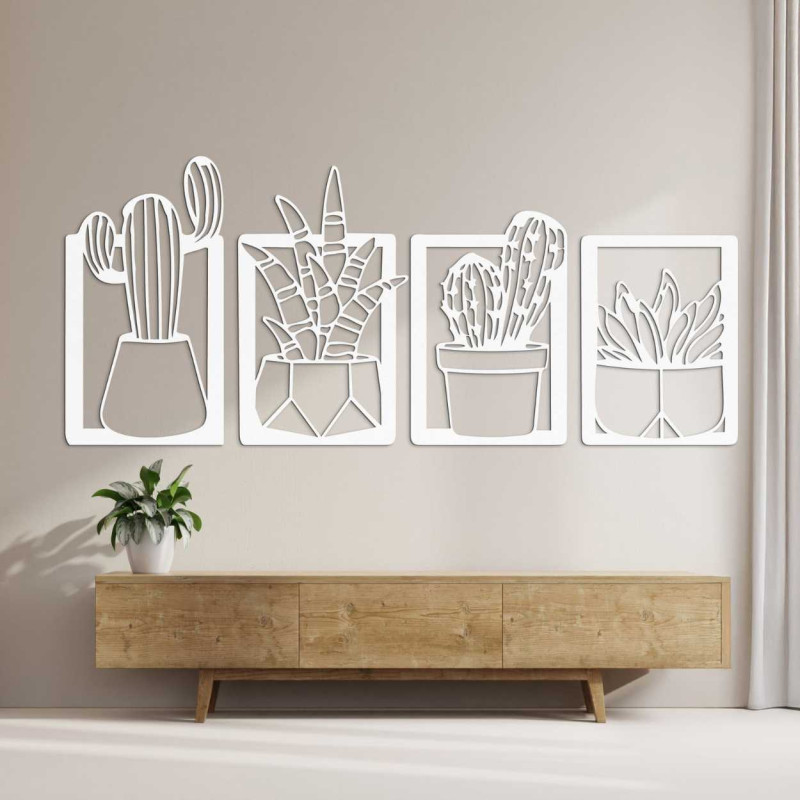 Wooden wall decoration with four motifs of succulents and cacti in pots