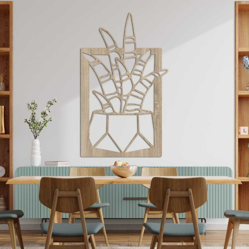 Wooden wall decoration with four motifs of succulents and cacti in pots