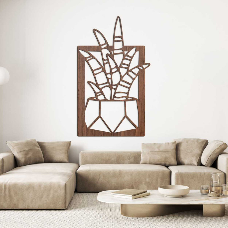 Wooden wall decoration with four motifs of succulents and cacti in pots