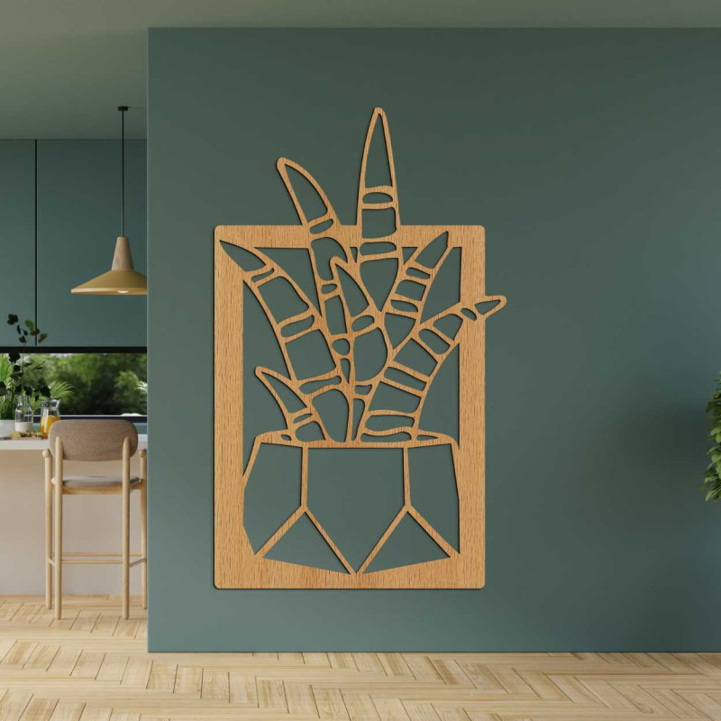 Wooden wall decoration with four motifs of succulents and cacti in pots