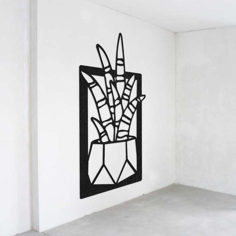 Wooden wall decoration with four motifs of succulents and cacti in pots