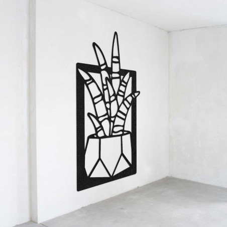 Wooden wall decoration with a motif of natural plants and flower pots