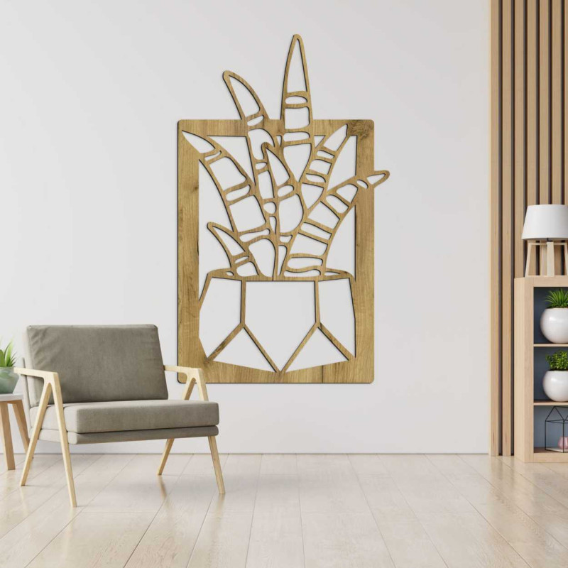 Wooden wall decoration with four motifs of succulents and cacti in pots