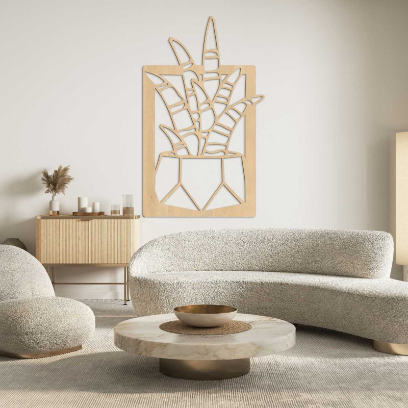 Wooden wall decoration with four motifs of succulents and cacti in pots