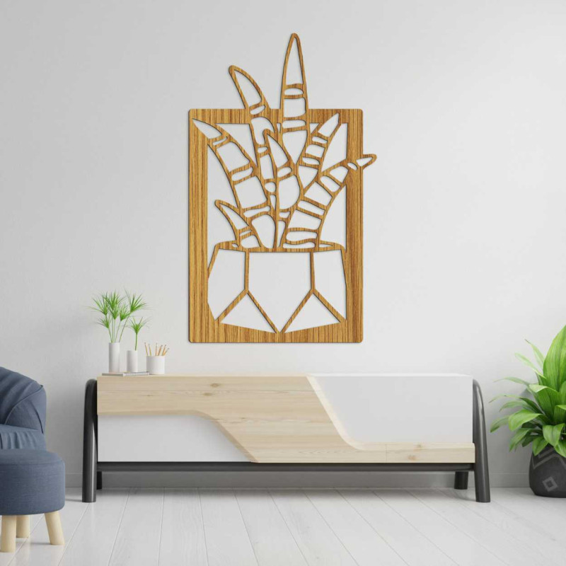 Wooden wall decoration with four motifs of succulents and cacti in pots