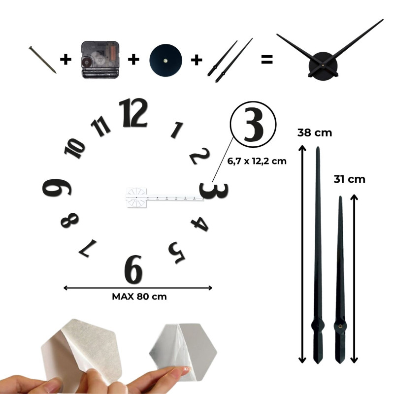 Large adhesive clocks with bold numbers and a metal center are the ideal solution for any modern interior.