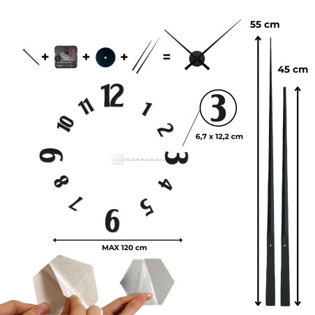 Large adhesive clocks with bold numbers and a metal center are the ideal solution for any modern interior.