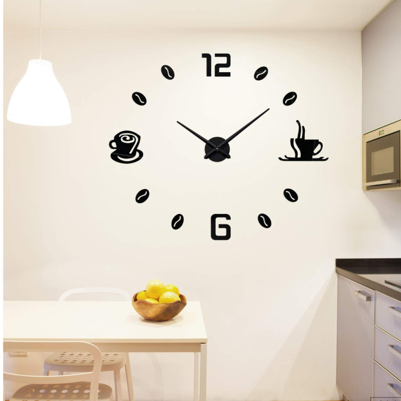 Large adhesive wall clock in a modern dining room interior