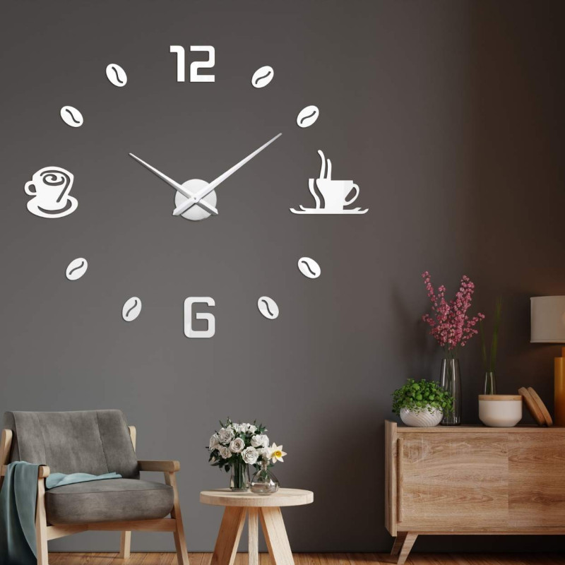 Large adhesive wall clock in a modern dining room interior