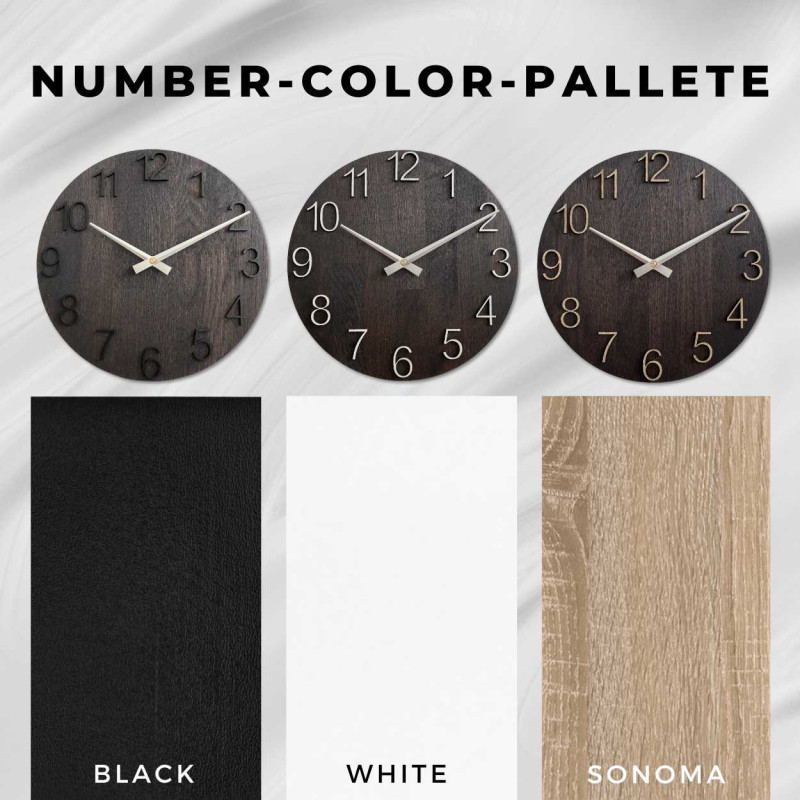 Modern wooden clock with a simple dial and metal hands.