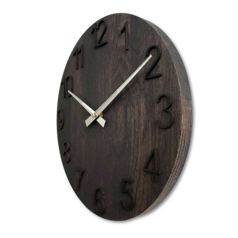 Simple wooden wall clock with contrasting hands.