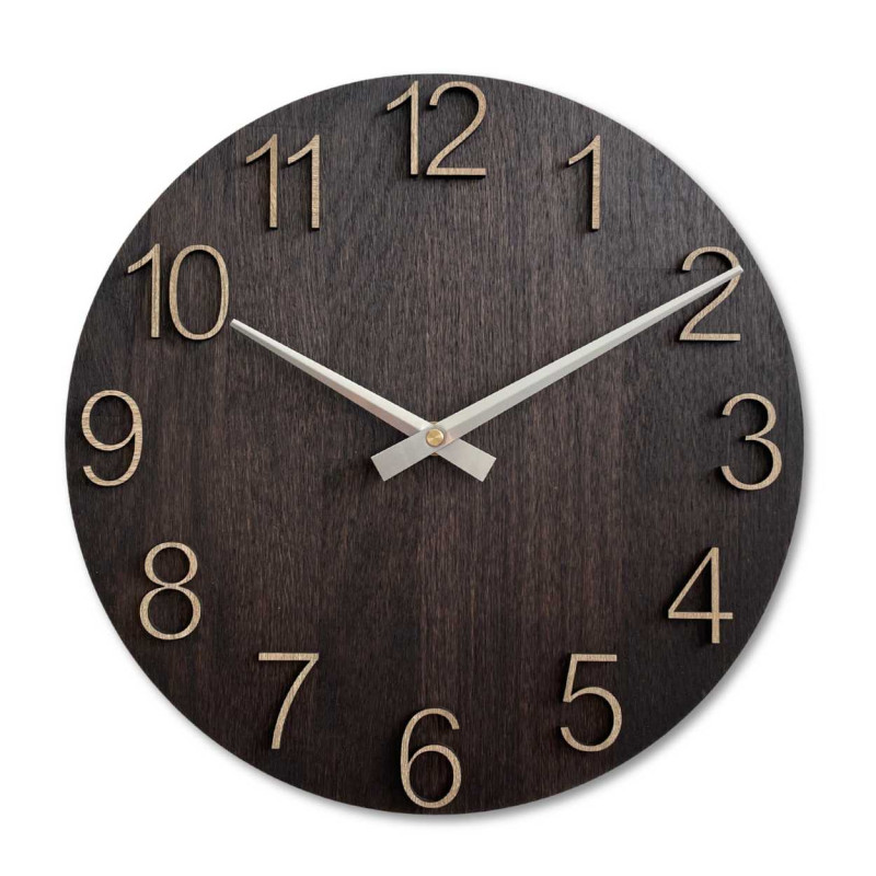 Round wooden clock with a subtle natural motif and legible numbers.