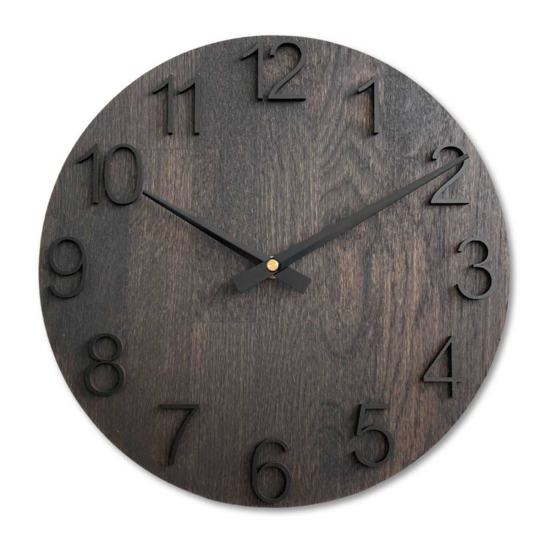 Solid wooden clock with a minimalist design and a distinctive dial.