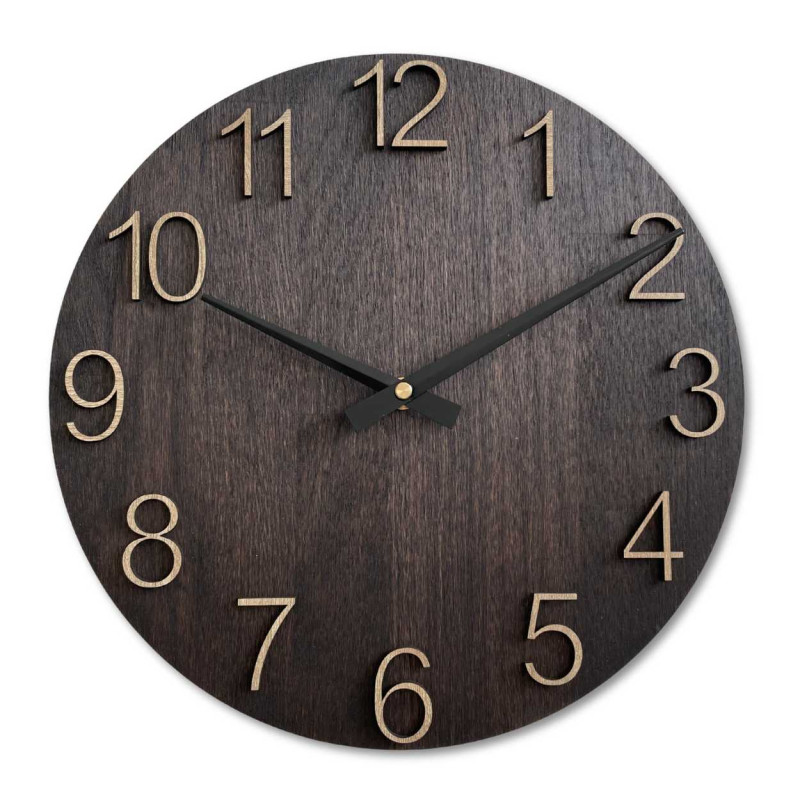 Solid wooden clock with a minimalist design and a distinctive dial.