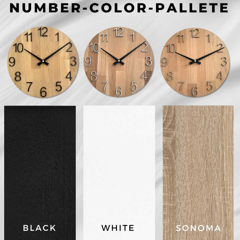 Round clock with a decorative cutout in the center and a delicate wood pattern.