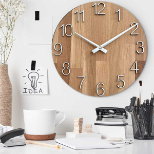 A shot of a clock face made of wood with a clean and simple look. 2