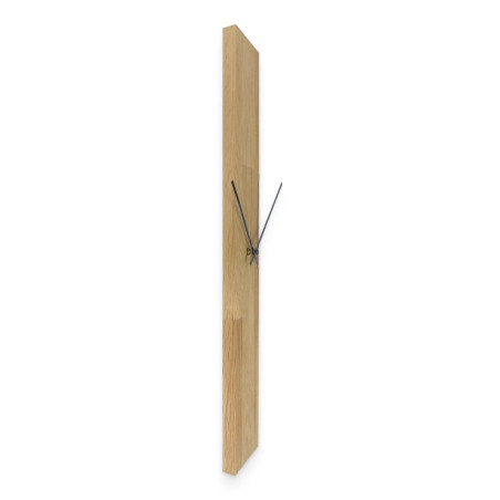 Wooden clock with a natural finish, with clever black hands to display the time.